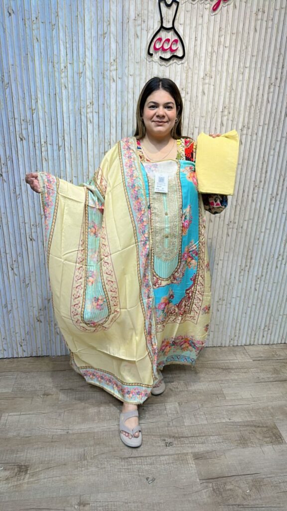 Designer muslin suit with lace work ccc278yellow