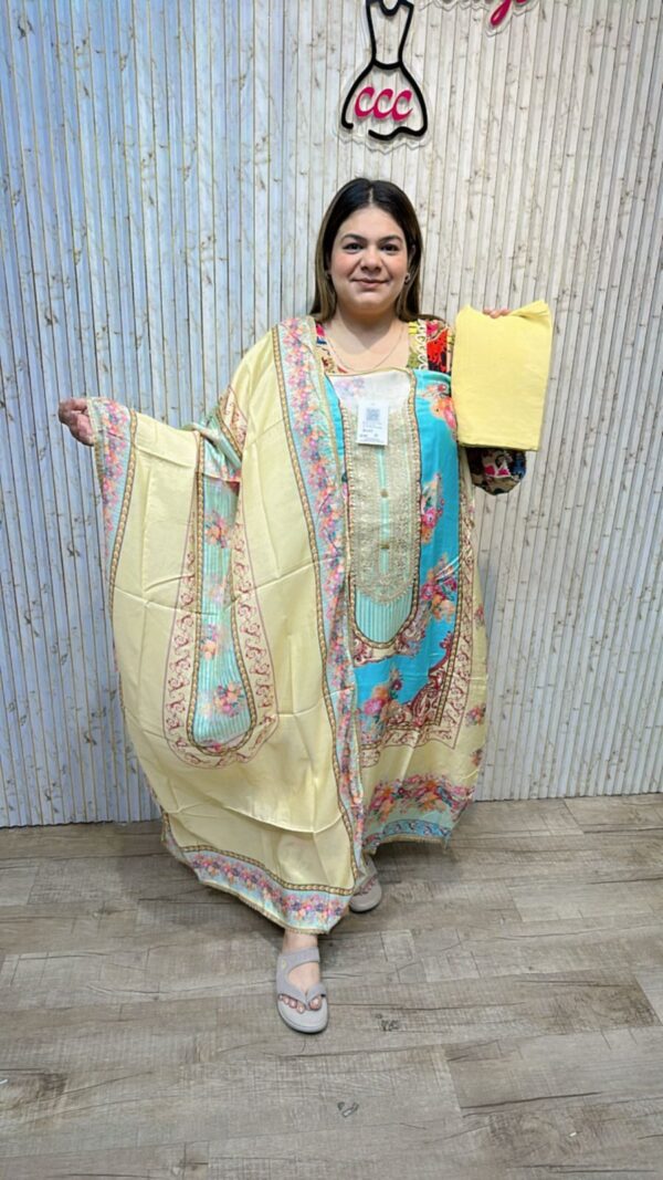Designer muslin suit with lace work ccc278yellow