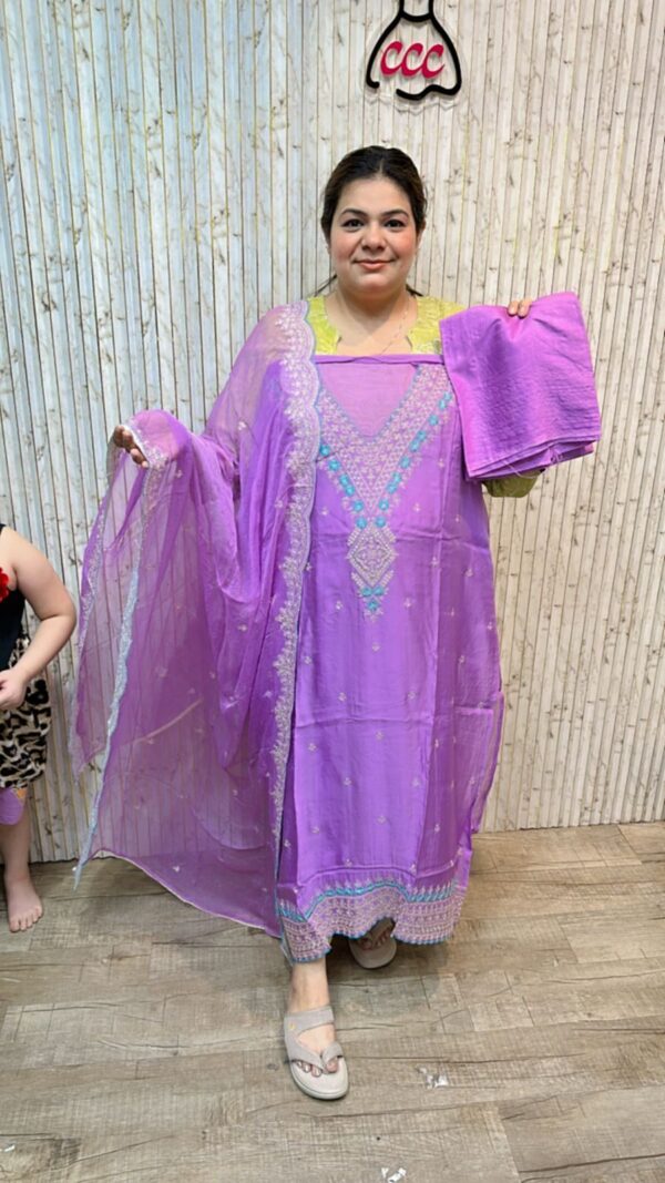 Pure organza suit with beautiful neck work ccc207 purple
