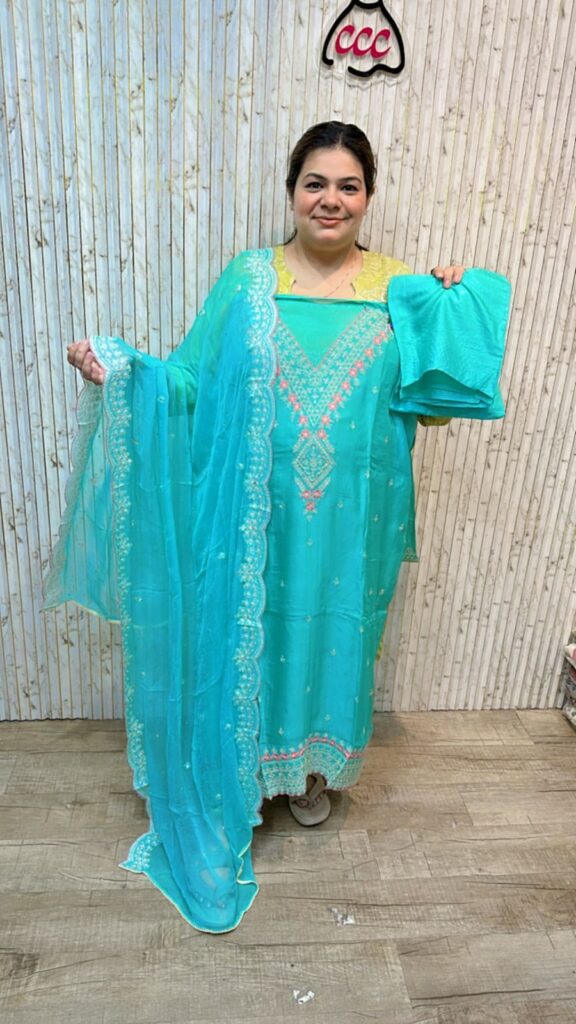 Pure organza suit with beautiful neck work ccc207 sky blue