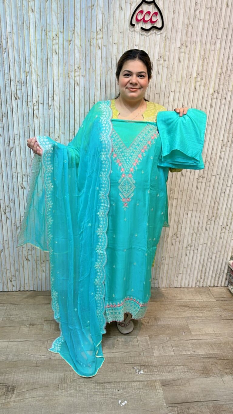 Pure organza suit with beautiful neck work ccc207 sky blue