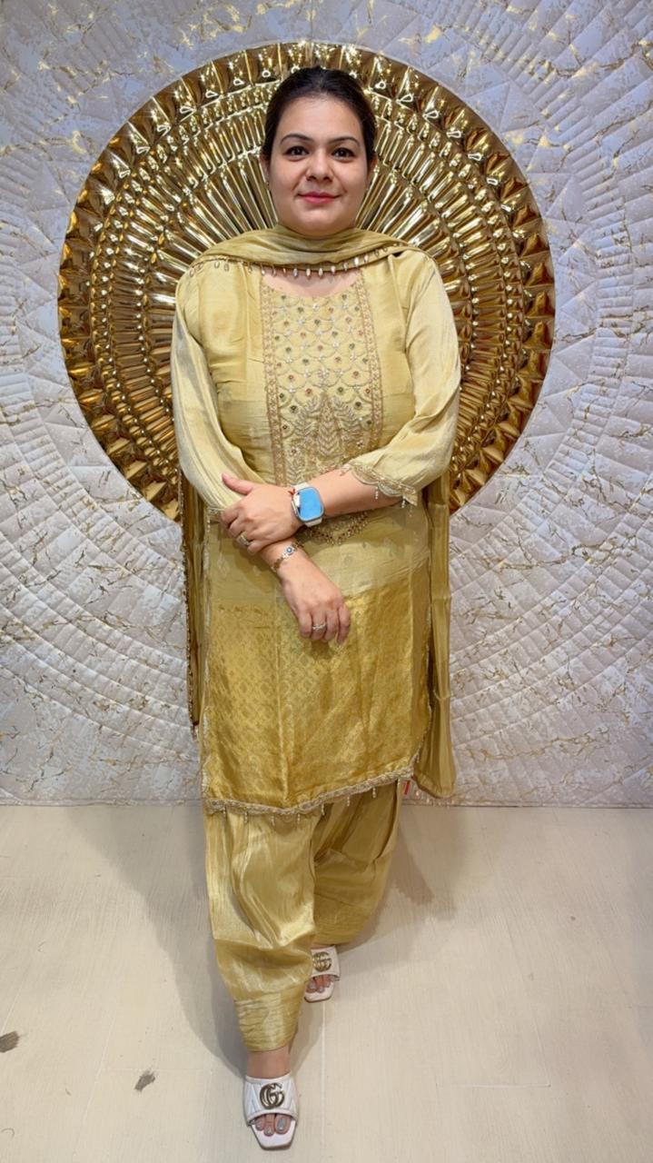designer pure chinon with hand work stitched suit ccc074