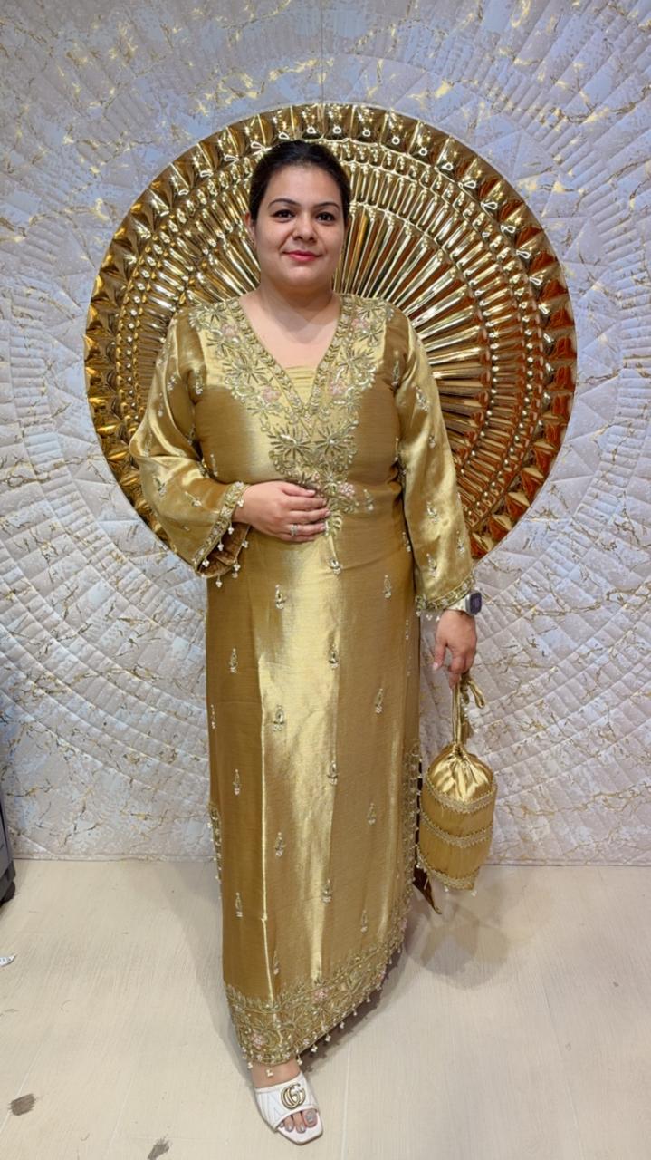 designer pure chinon with hand work stitched suit ccc074